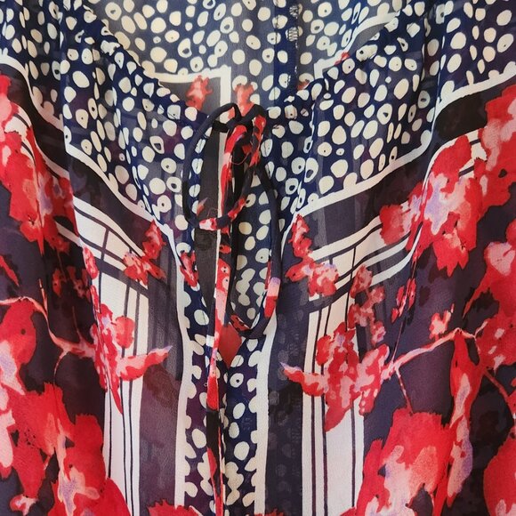 GUESS Los Angeles sz L Floral Semi-Sheer Blouse Top Long Sleeve Navy Blue Red - Picture 4 of 14